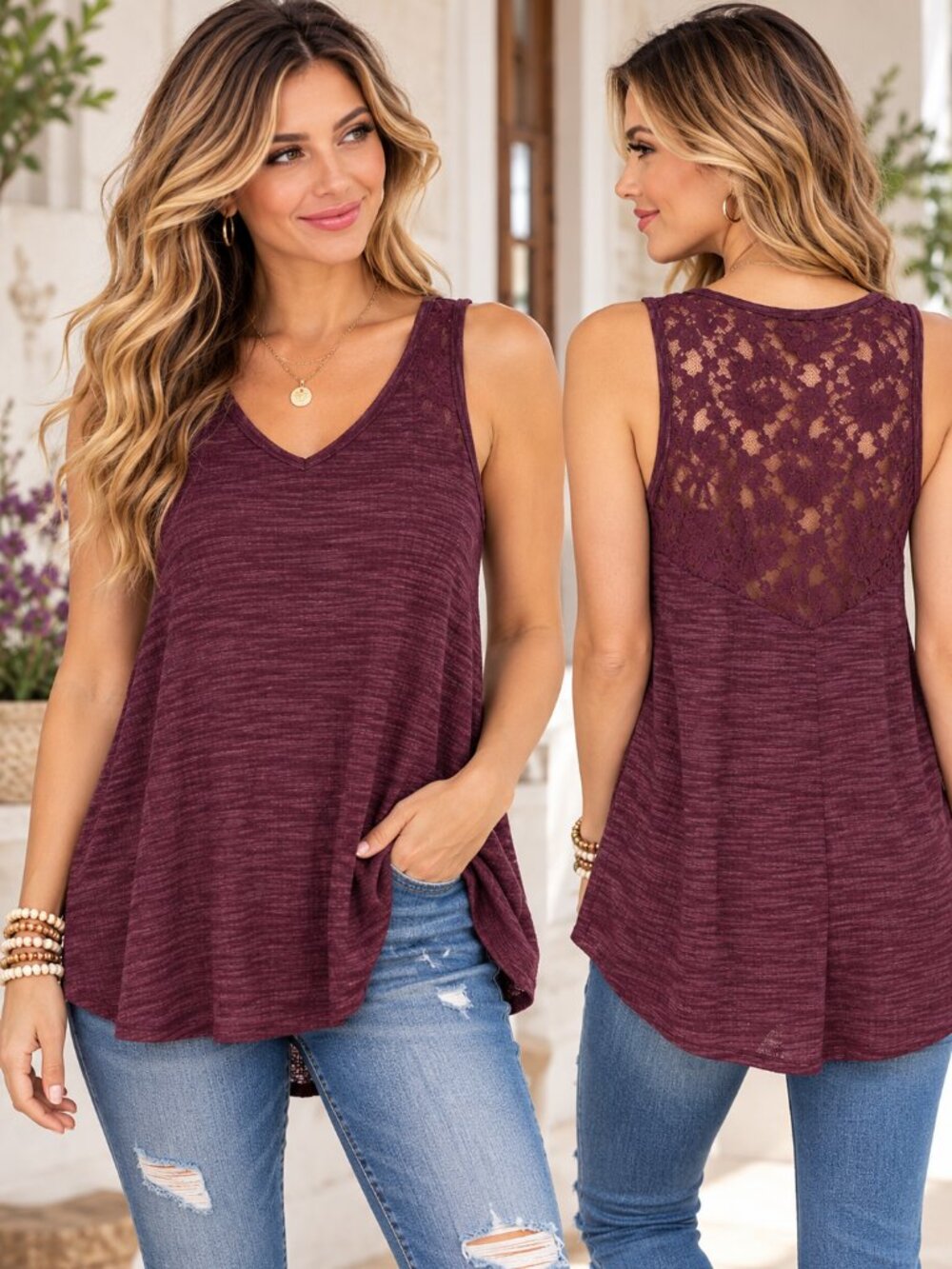 Faded Glory Wine Burgundy Lace Back Tank Top Medium | Flowy A-Line V-Neck Boho